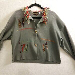 Debra Murray W M Vtg olive Wearable Art Hand Painted Shoe-Print Knit Cardigan